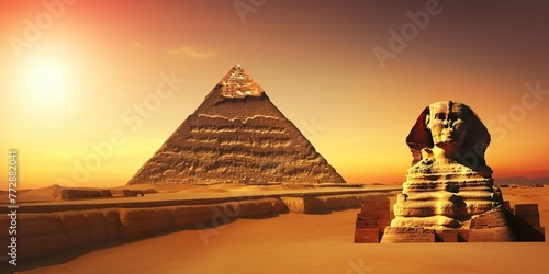 minimalistic design The Great Sphinx of Giza and the Pyramid of Khafreat sunset, Egypt.