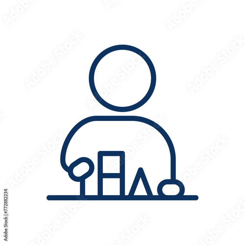 Kid is Playing with Toys Icon. Simple Line Illustration of a Child with Building Blocks and Toys, Depicting Early Education in Game, Creativity, and Playful Learning.