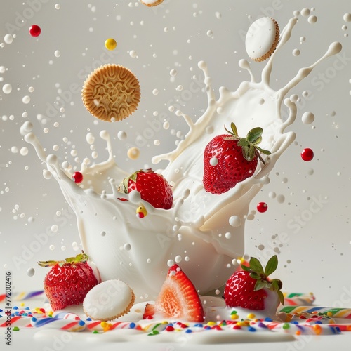 A desert, strawberry, cream, and cookies. Splashed in a milk, isolated on a white backdrop (ID: 772882416)