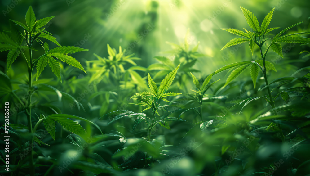 Cannabis plant in the forest at sunrise Cannabis plant in the forest at sunrise