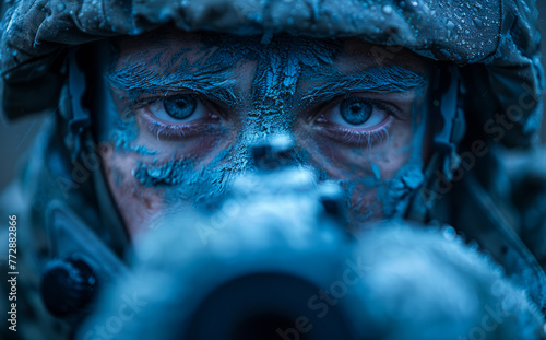 Soldier looks through rifle scope. photo