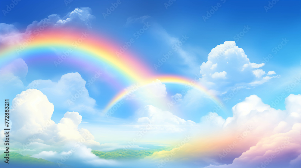 Naklejka premium Picture of a rainbow in the sky Multi-colored rainbow arches cross the bright blue sky and white clouds.