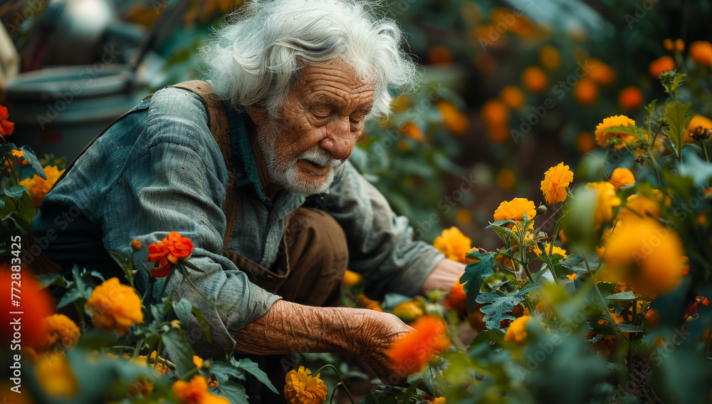 Old farmer growing flowers in his garden Old farmer growing flowers in his garden