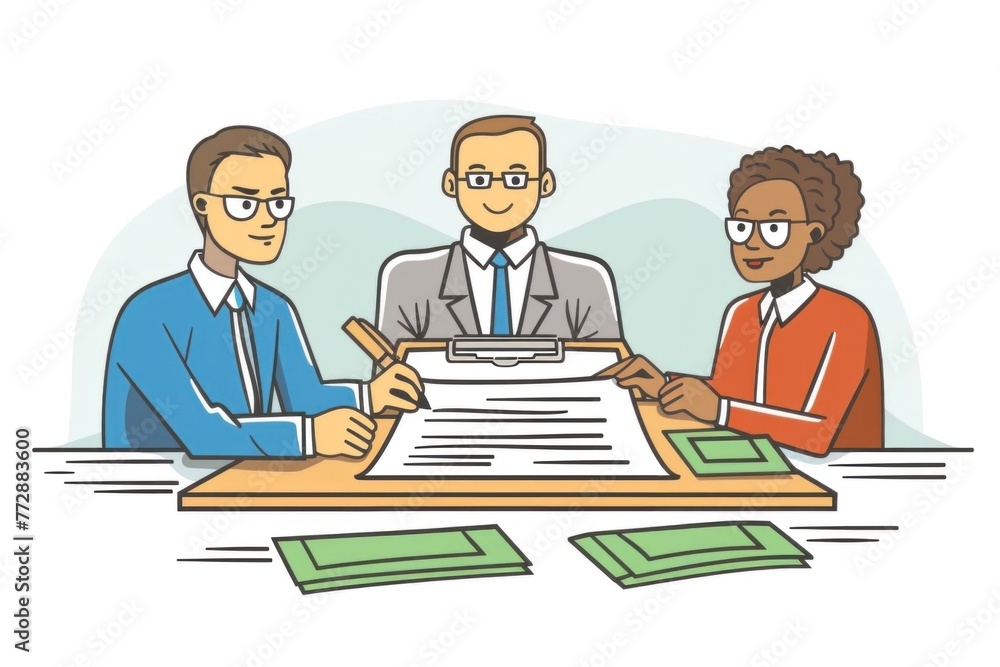 Three business people signing a contract while sitting around a table