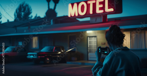 A cinematic still of the movie showing a motel with a neon sign that says The Motel at night, in front of the motel a woman , Generative AI.