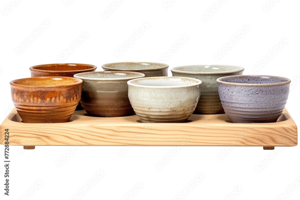 Assorted Bowls on Wooden Tray. On a White or Clear Surface PNG Transparent Background.. Assorted Bowls on Wooden Tray. On a White or Clear Surface PNG Transparent Background..