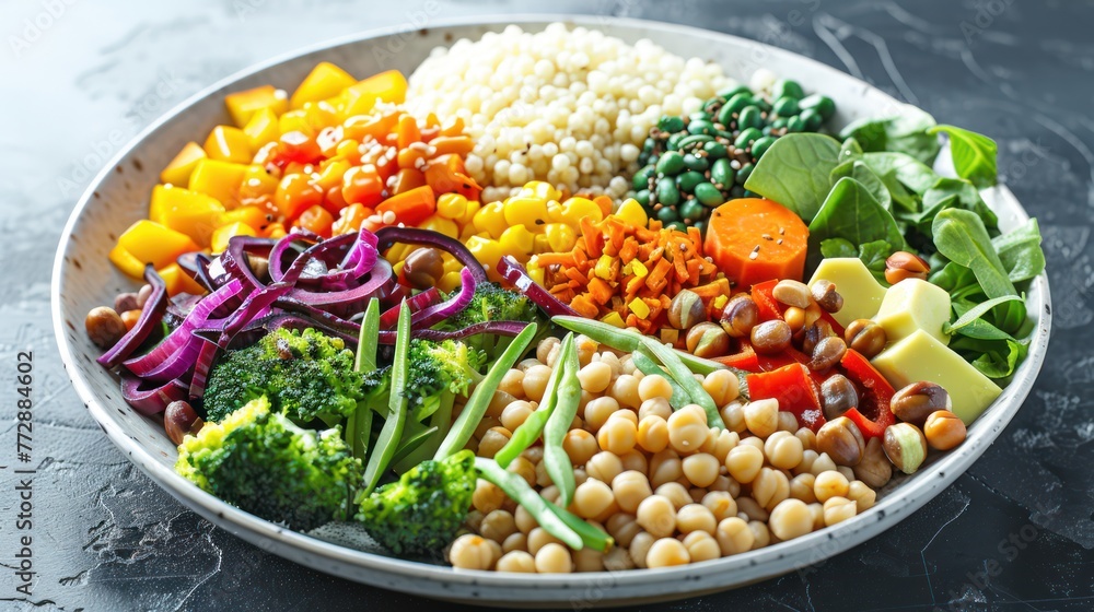 A plate of colorful Buddha bowls filled with grains, vegetables, and protein.