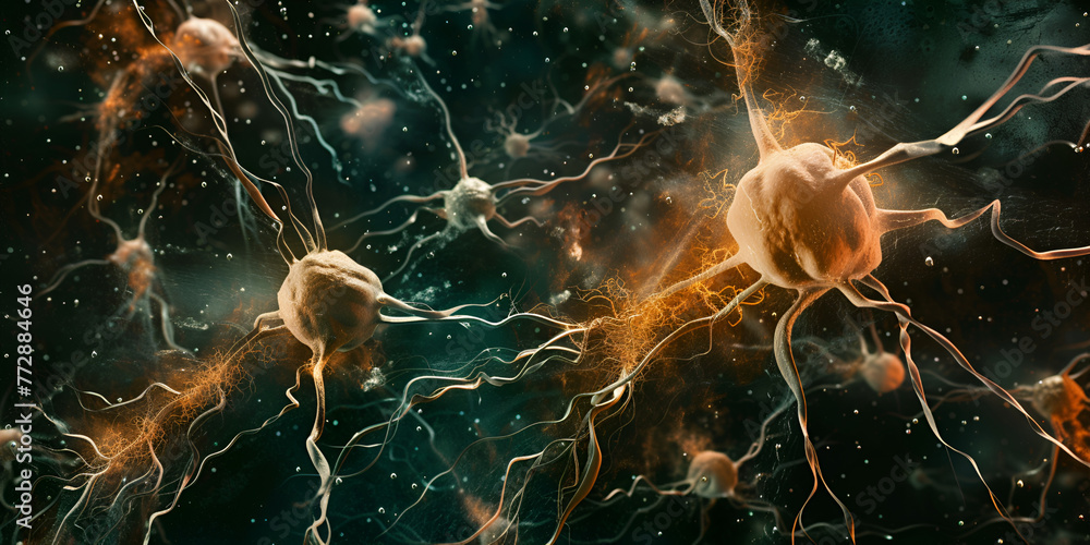 brain nuerons, stem cells, microscopic view of nerve impulse, Parkinson's disease, nervous system