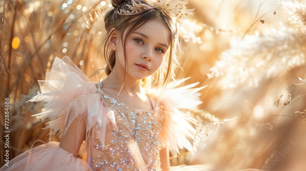 A young girl dressed as a fairy sits in a field of tall grass A young girl dressed as a fairy sits in a field of tall grass