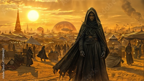 A woman in black robes with a hood walks through a desert marketplace photo