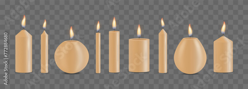 Set of realistic different Christmas, birthday, church and party glowing candle. 3d collection paraffin candles isolated on transparent background. Design template, clipart for graphics. Vector.