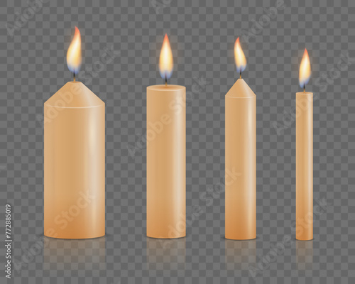 Set of realistic different Christmas, birthday, church and party glowing candle. 3d collection paraffin candles isolated on transparent background. Design template, clipart for graphics. Vector.