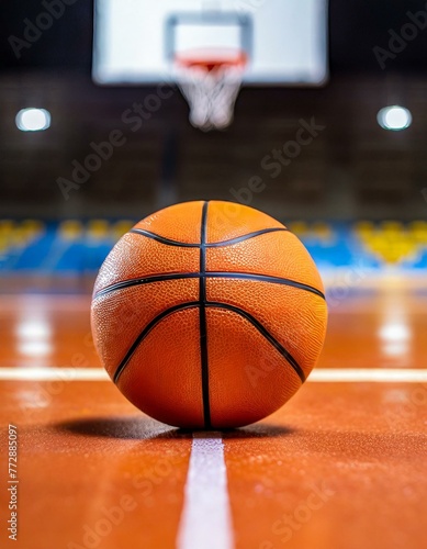 A basketball ball placed on the basketball court. close up © two K