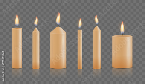 Set of realistic different Christmas, birthday, church and party glowing candle. 3d collection paraffin candles isolated on transparent background. Design template, clipart for graphics. Vector.