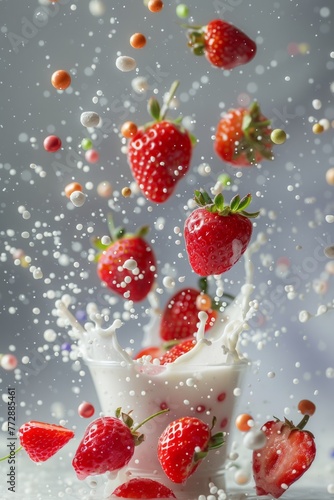 A desert, strawberry, cream, and cookies. Splashed in a milk, isolated on a white backdrop (ID: 772885461)