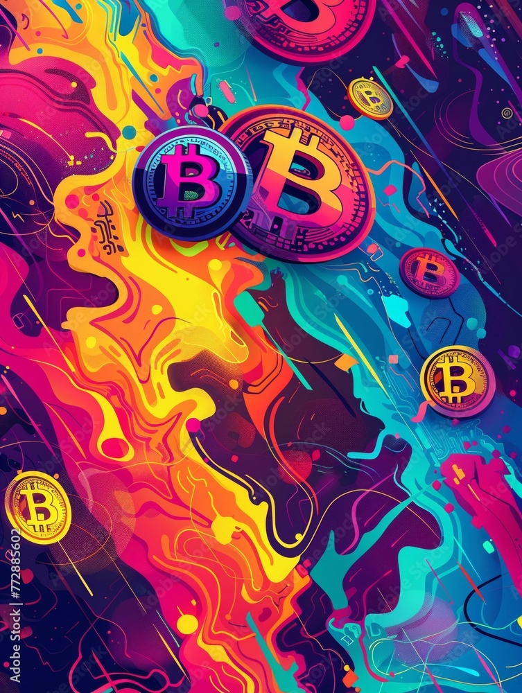 Produce a striking image that visually represents the fusion of internet memes and the fluctuating trends within the cryptocurrency market Use vibrant colors and bold typography 