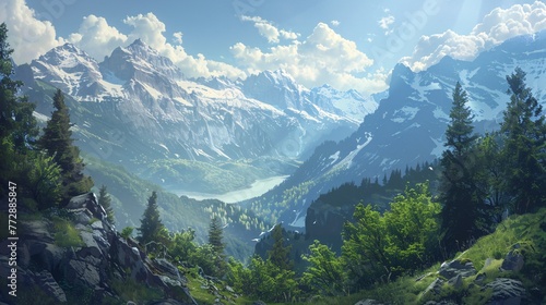 Sunlit Mountainside A Serene View of the Alps Generative AI