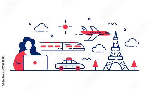 Vector illustration of a woman in front of a laptop planning a trip to a sporting event in Paris. Outline image of a girl choosing which transport is best to travel: plane, train, taxi or car