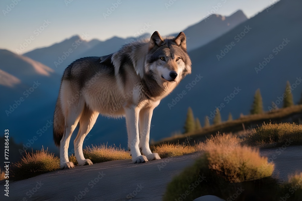 A lone wolf stands on a road in a mountainous area. The sun is setting, casting a warm glow on the wolf and the grass around it. The sky is blue, and there are tall mountains in the background.