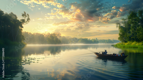 Golden Hour Serenity: A Tranquil Scene with One Man and His Quest for Fish. © Dora
