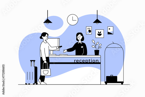 The illustration shows a girl with luggage talking to a girl receptionist at a hotel reception. The girl arrived at pre-planned summer sporting events in Paris. Travel related concept illustration.