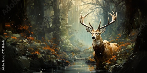 Visualize a deer with a shimmering coat  reflecting the colors of the forest and the sunlight