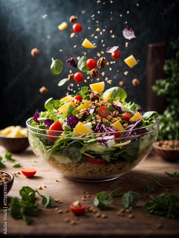 Delicious healthy salad made with nutritious ingredients, leafy greens, vegetables, fruit, studio lighting Delicious healthy salad made with nutritious ingredients, leafy greens, vegetables, fruit, studio lighting