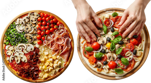 pizza preparation with different toppings isolated on white background