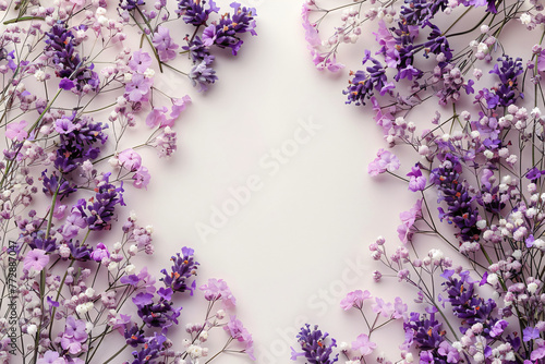Purple and pink floral panorama with space for text. Botanical banner design for aromatherapy and beauty concepts. Elegant lavender and flower composition.