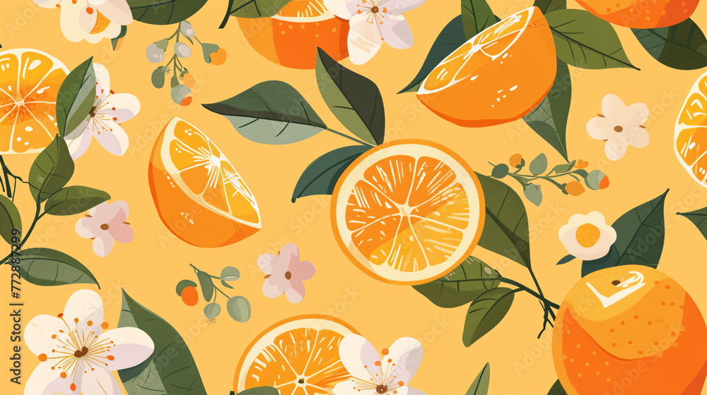 Orange background, pattern and juice. drawn illustrations of oranges with flowers and leaves for poster, card or textile, evoking the joy and energy of the sunny season in a cap, Generative AI. Orange background, pattern and juice. drawn illustrations of oranges with flowers and leaves for poster, card or textile, evoking the joy and energy of the sunny season in a cap, Generative AI.