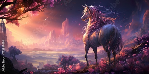 Visualize a majestic unicorn with a flowing rainbow-colored mane, its horn glimmering in the sunlight © krishnendu