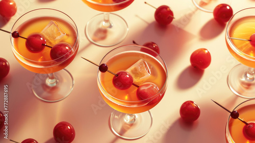 A row of glasses with ginger beer with ice cubes and a small flag with candied cherries as decoration. The glasses with shandy cocktail and the cherries are arranged around the rim of the glass. © lensofcolors