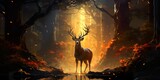 Visualize a deer with a shimmering coat, reflecting the colors of the forest and the sunlight