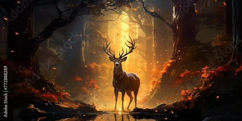 Visualize a deer with a shimmering coat, reflecting the colors of the forest and the sunlight © krishnendu
