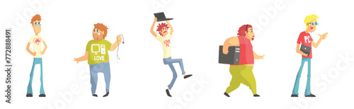 Funny Nerd and Geek Man Character Computer Lover Vector Set