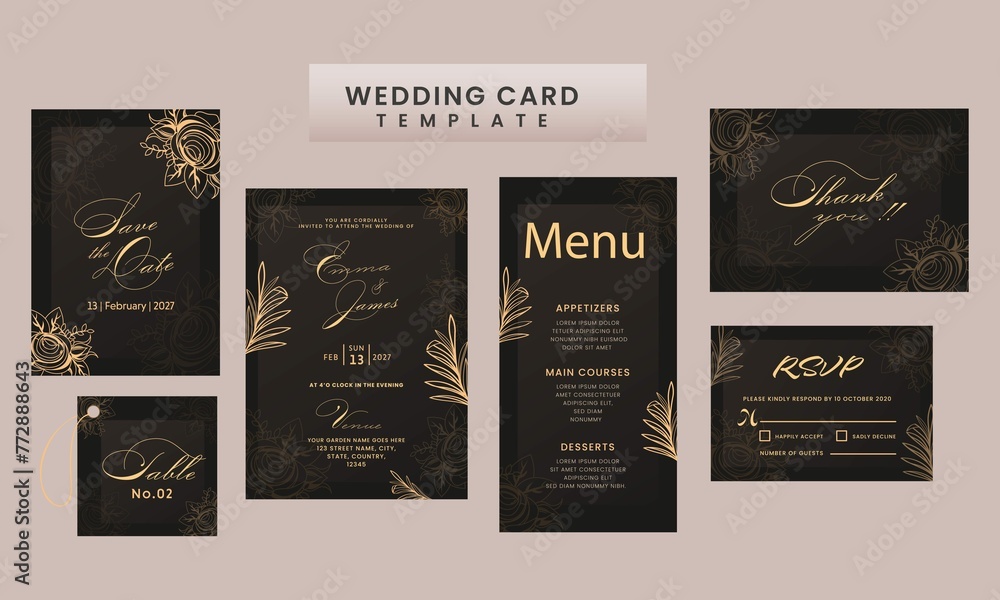 Wedding Card Suite Template Layout Decorated With Floral Black Golden Color