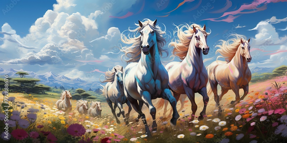Naklejka premium Visualize a majestic unicorn with a flowing rainbow-colored mane, its horn glimmering in the sunlight