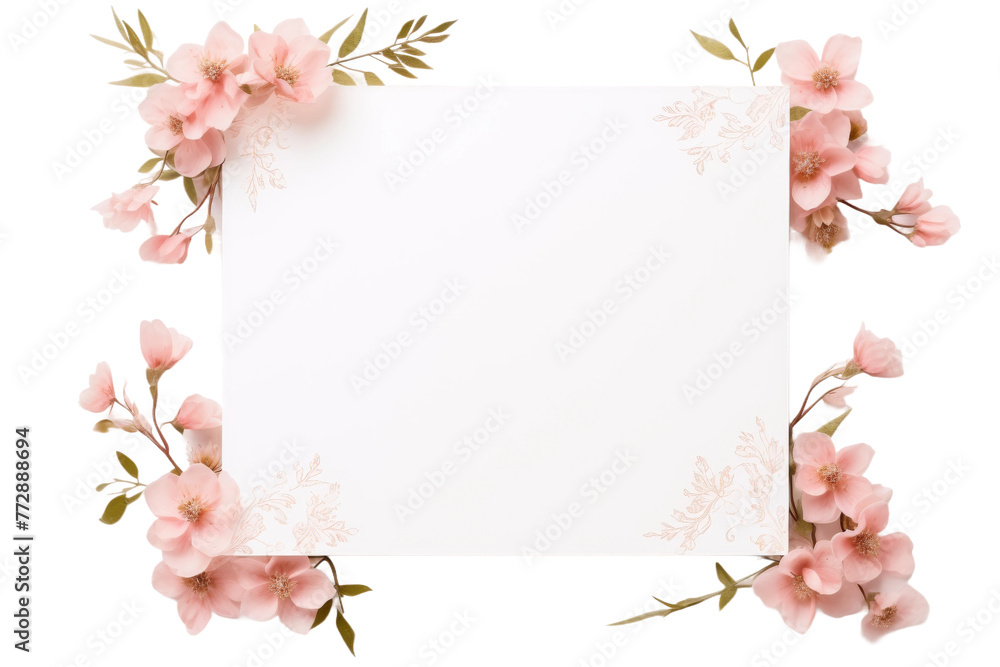 White Paper Covered in Pink Flowers. On a White or Clear Surface PNG Transparent Background.. White Paper Covered in Pink Flowers. On a White or Clear Surface PNG Transparent Background..
