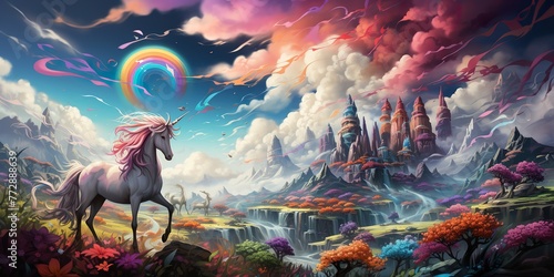 Visualize a majestic unicorn with a flowing rainbow-colored mane, its horn glimmering in the sunlight photo