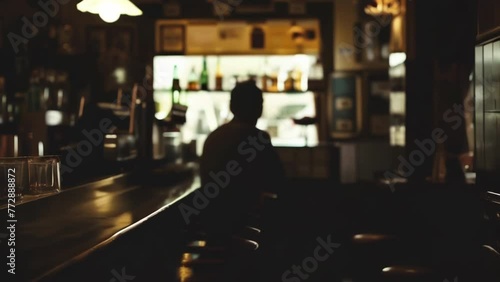 A lone figure facing away from the camera is seen perched on a stool at the bar counter. The dimly lit room and the turned back hint . . photo