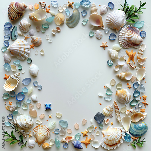 Coastal composition with diverse seashells and starfish border on textured light background. Ocean-inspired design element with space for text.