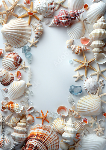 Maritime frame with seashells, starfish, and beach glass on a neutral background. Beach-themed mockup for design and print with copy space