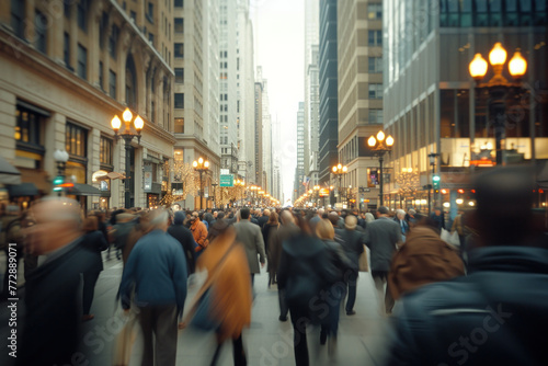 Busy urban street during daylight with people walking in blur motion, city hustle and bustle concept