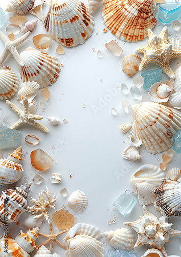 Maritime frame with seashells, starfish, and beach glass on a neutral background. Beach-themed mockup for design and print with copy space