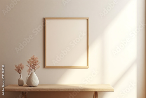 A dreamy depiction of a minimalistic beige wall a blurred empty frame a weathered table. Ai generated