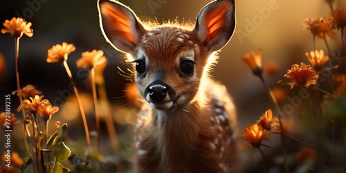 Visualize a playful fawn prancing through a sunlit meadow, with its tiny leaps and adorable bleats,