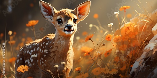 Visualize a playful fawn prancing through a sunlit meadow, with its tiny leaps and adorable bleats,