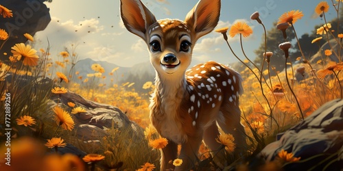 Visualize a playful fawn prancing through a sunlit meadow, with its tiny leaps and adorable bleats, photo