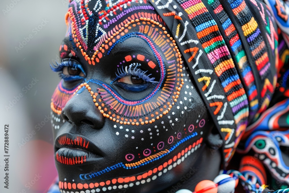 Colorful Tribal Face Paint on Woman in Ethnic Attire with Intricate Patterns and Vibrant Makeup Colorful Tribal Face Paint on Woman in Ethnic Attire with Intricate Patterns and Vibrant Makeup