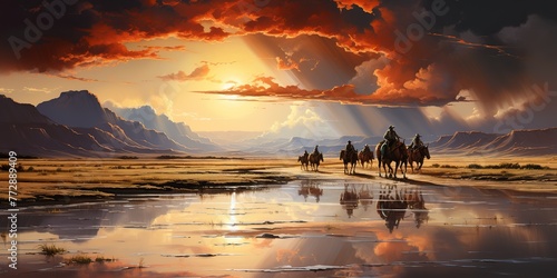 Visualize seven horse and rider enjoying a leisurely stroll along a sandy beach, with the waves crashing photo